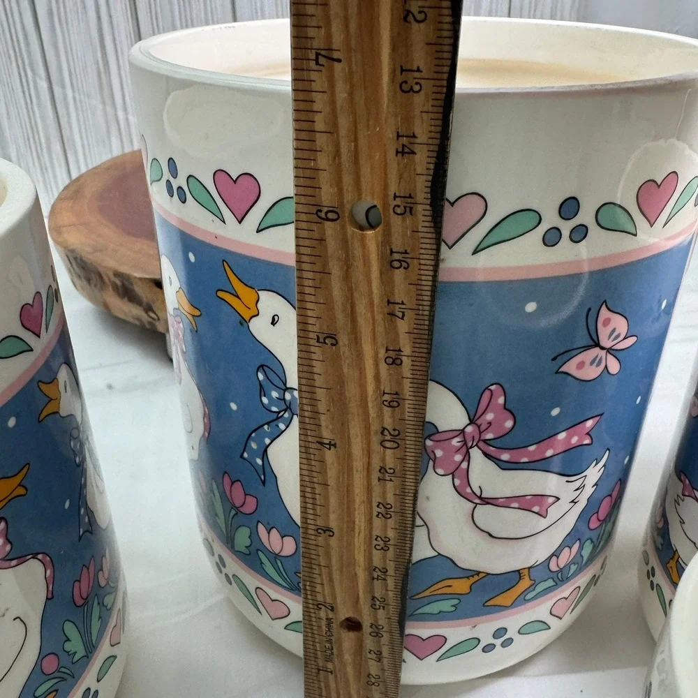 Vintage Country Goose Ceramic Canister Set 4 Piece Blue Pink Hearts 80s Kitchen